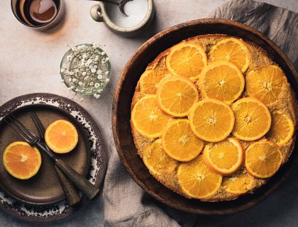 Upside-down Almond, Orange & Coconut Cake